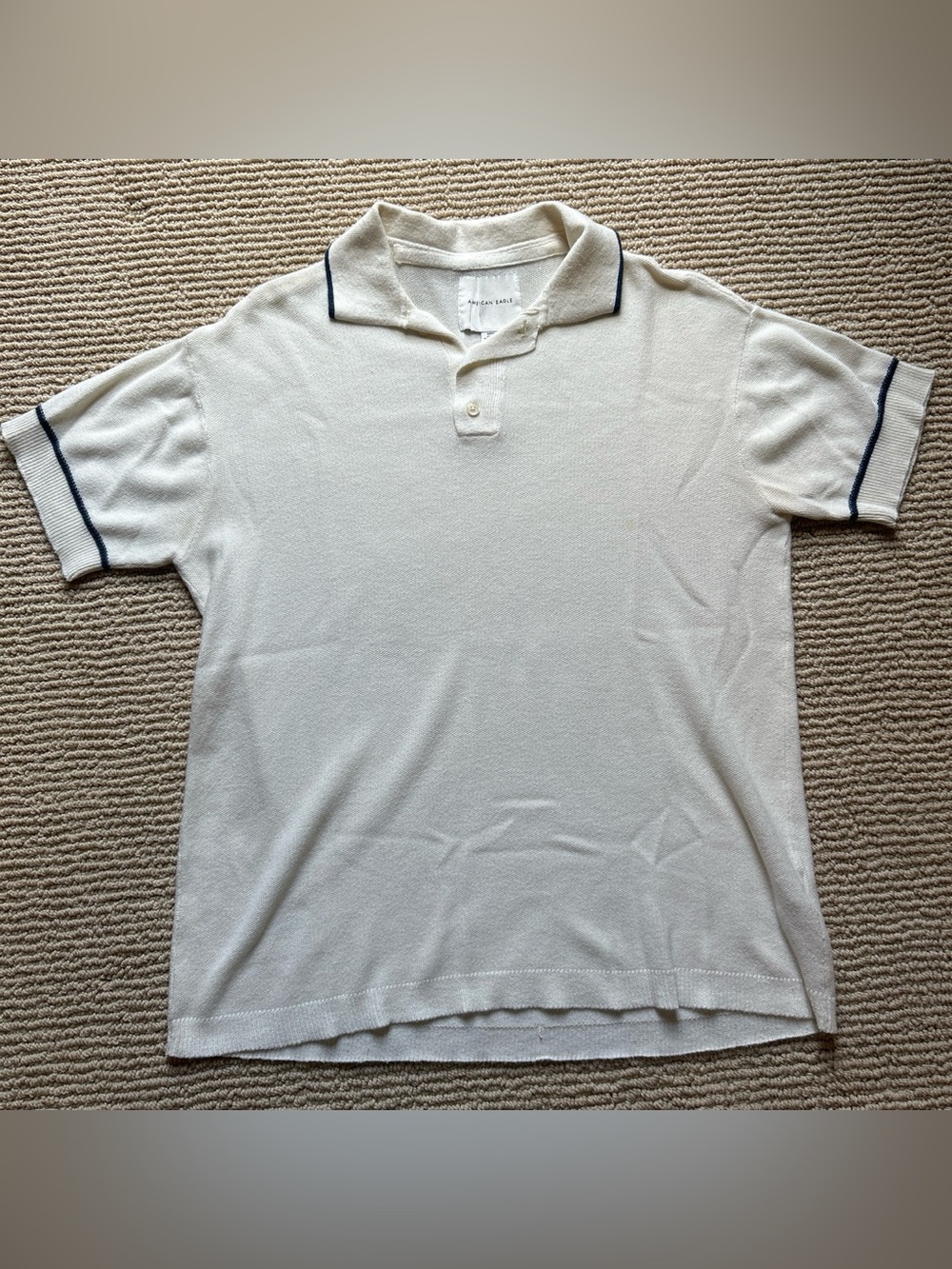 American Eagle Outfitters Men's Cream Polo with Navy Collar Trim